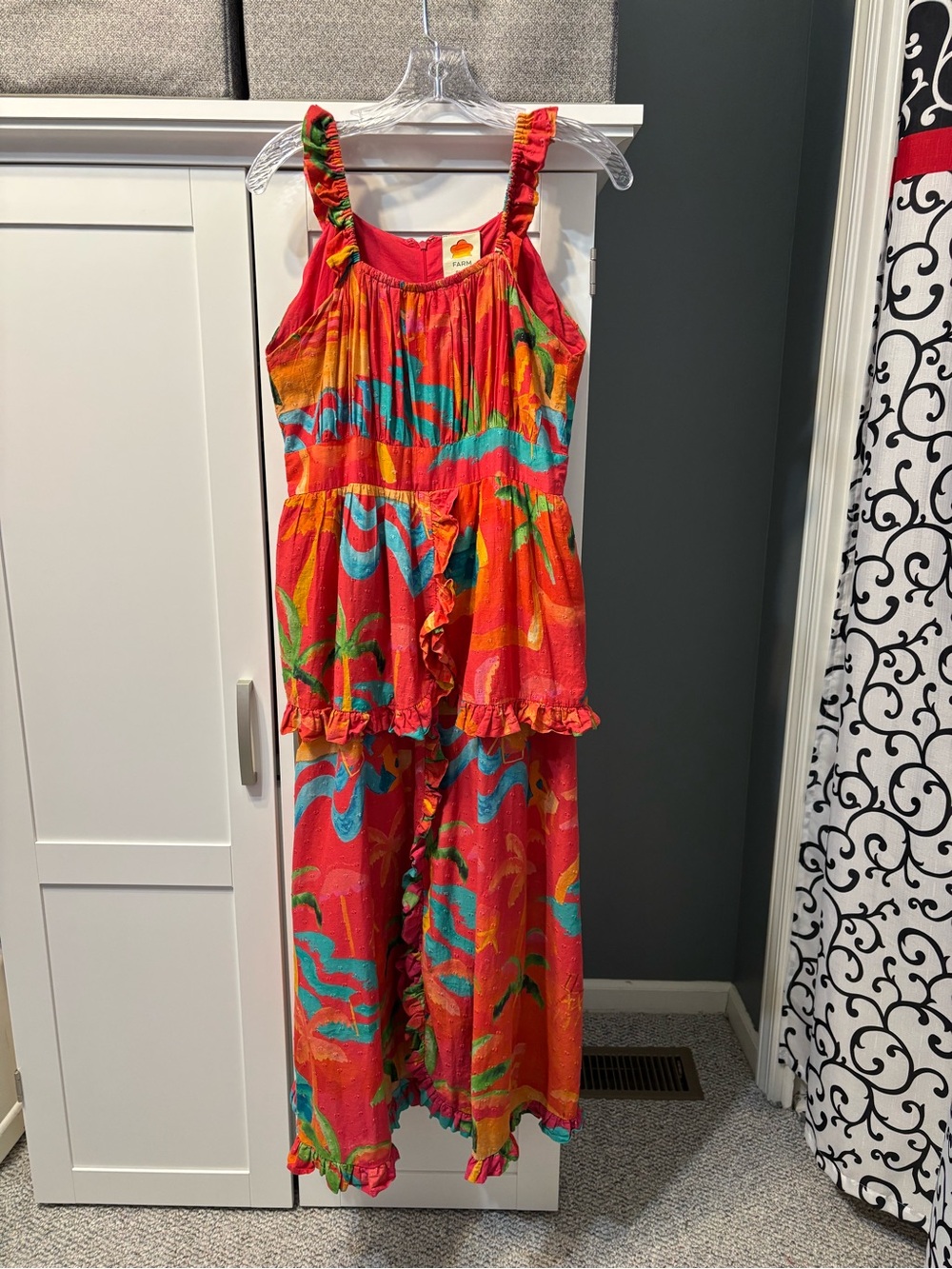 FARM Rio Ipanema Red Tropical Palm Tree Ruffle Maxi Dress Sz Large Boho Vacation